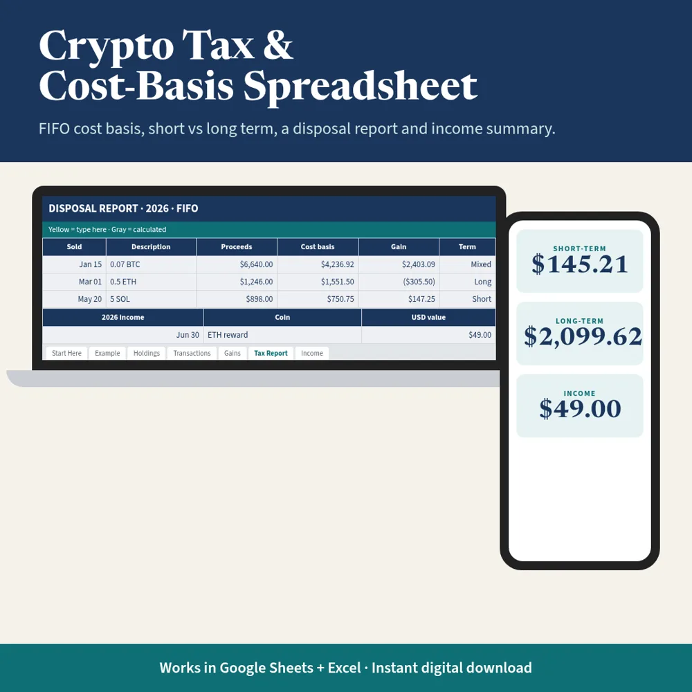 Crypto Tax & Cost-Basis Spreadsheet mockup