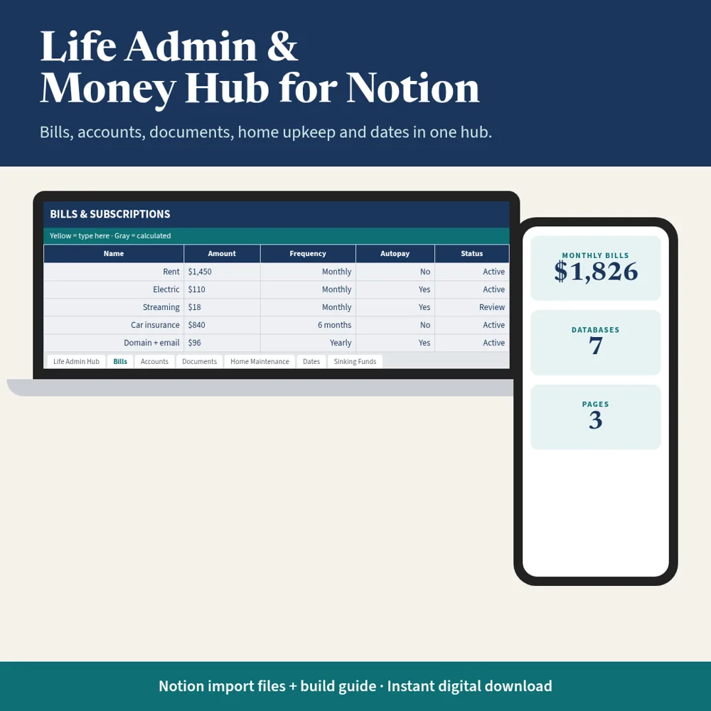 Life Admin & Money Hub for Notion mockup