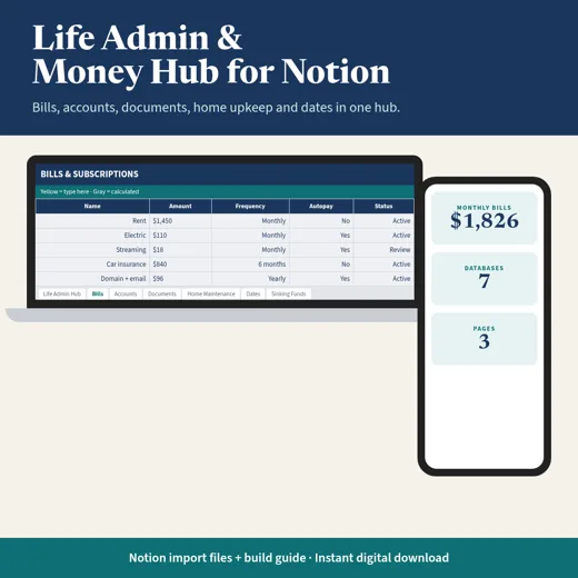 Life Admin & Money Hub for Notion