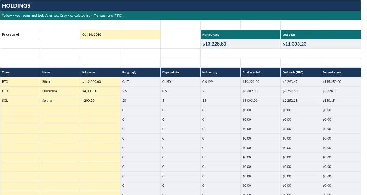 Crypto Portfolio + Gains Tracker: Holdings tab