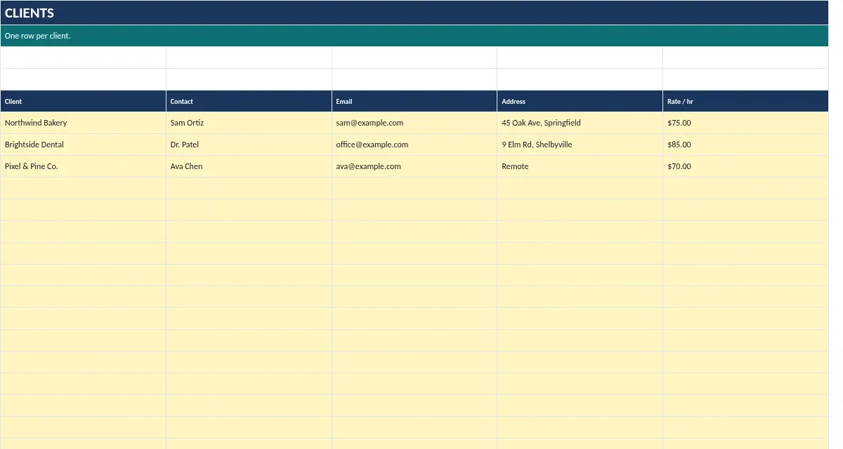 Freelancer Finance Kit: Clients tab