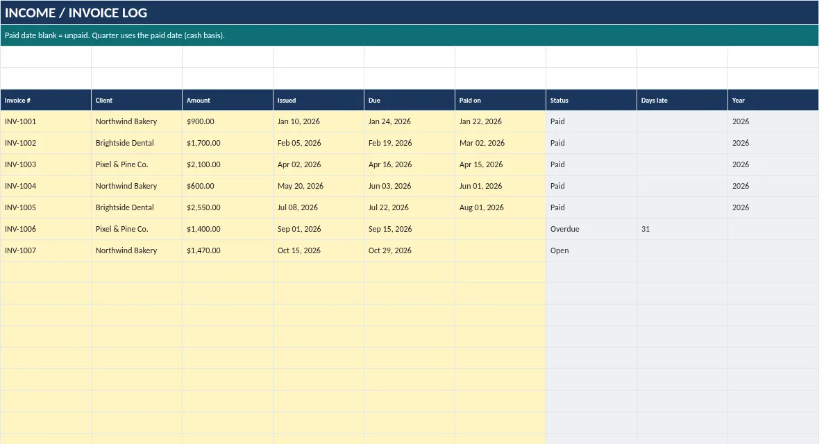 Freelancer Finance Kit: Income tab