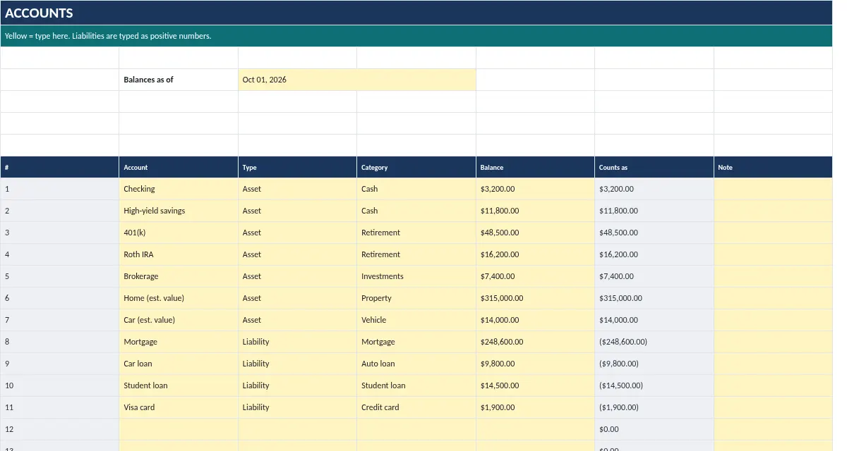 Net Worth Tracker: Accounts tab