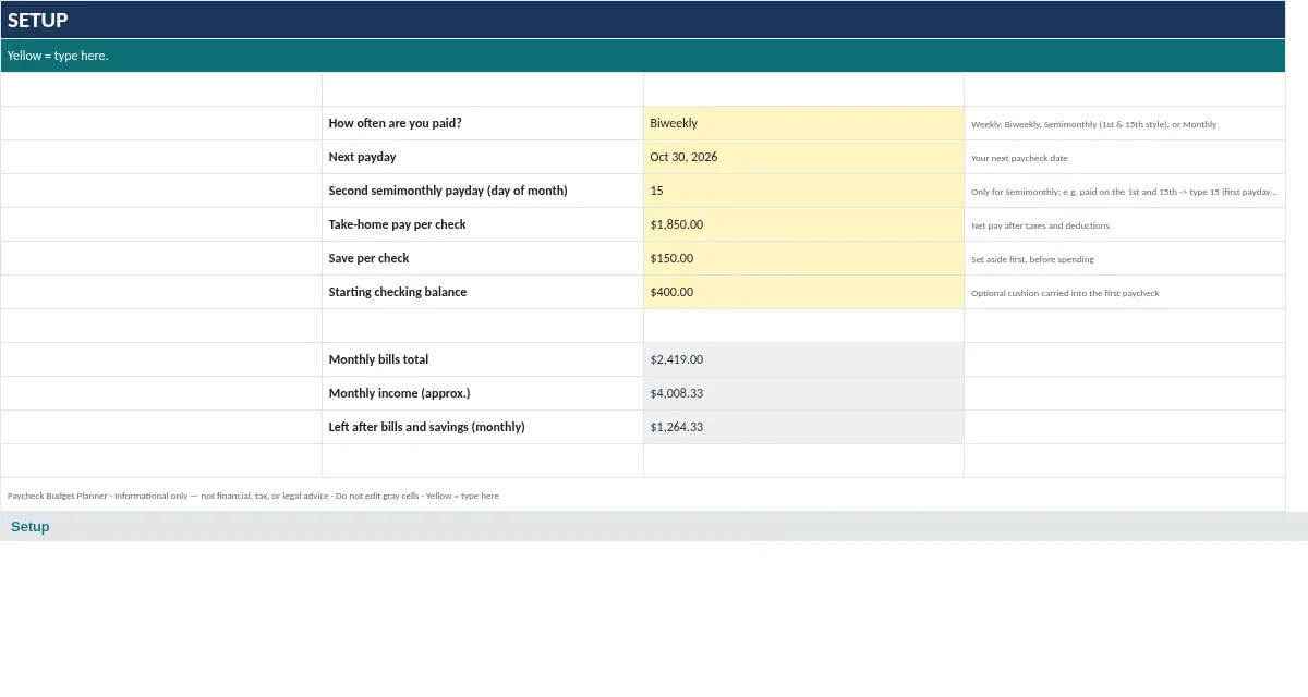 Paycheck Budget Planner: Setup tab