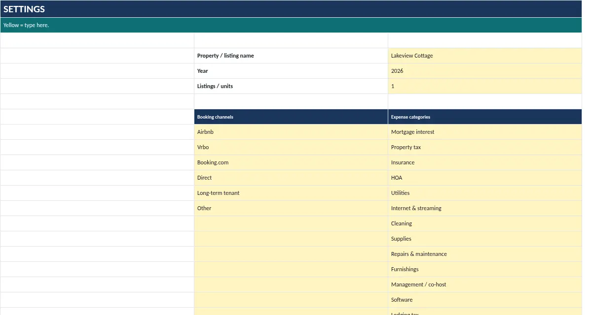 Rental Property & Airbnb Host Spreadsheet: Settings tab