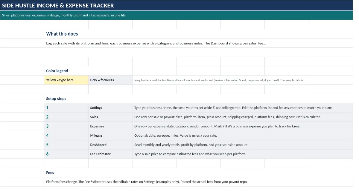 Side Hustle Income & Expense Tracker: Start Here tab