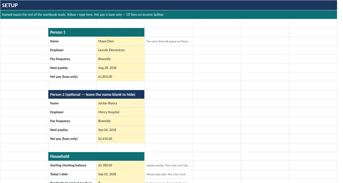 Until Payday Budget: Setup tab