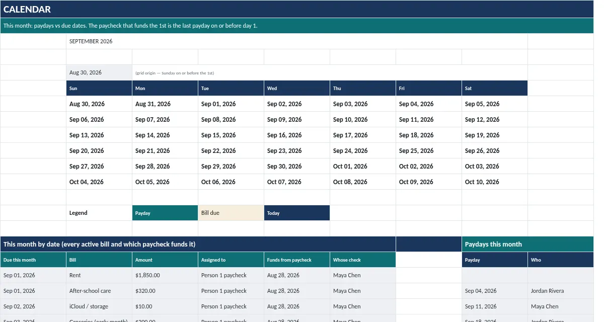 Until Payday Budget: Calendar tab